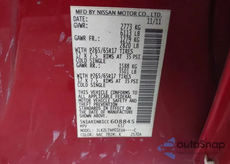 2012 Nissan Pathfinder Sv z USA, uszkodzony, nr VIN 5N1AR1NB1CC608845